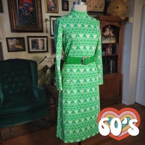 Vintage 60s Mod Dress Kimberly Geometric Mock Neck Long Sleeve Midi Belted Retro